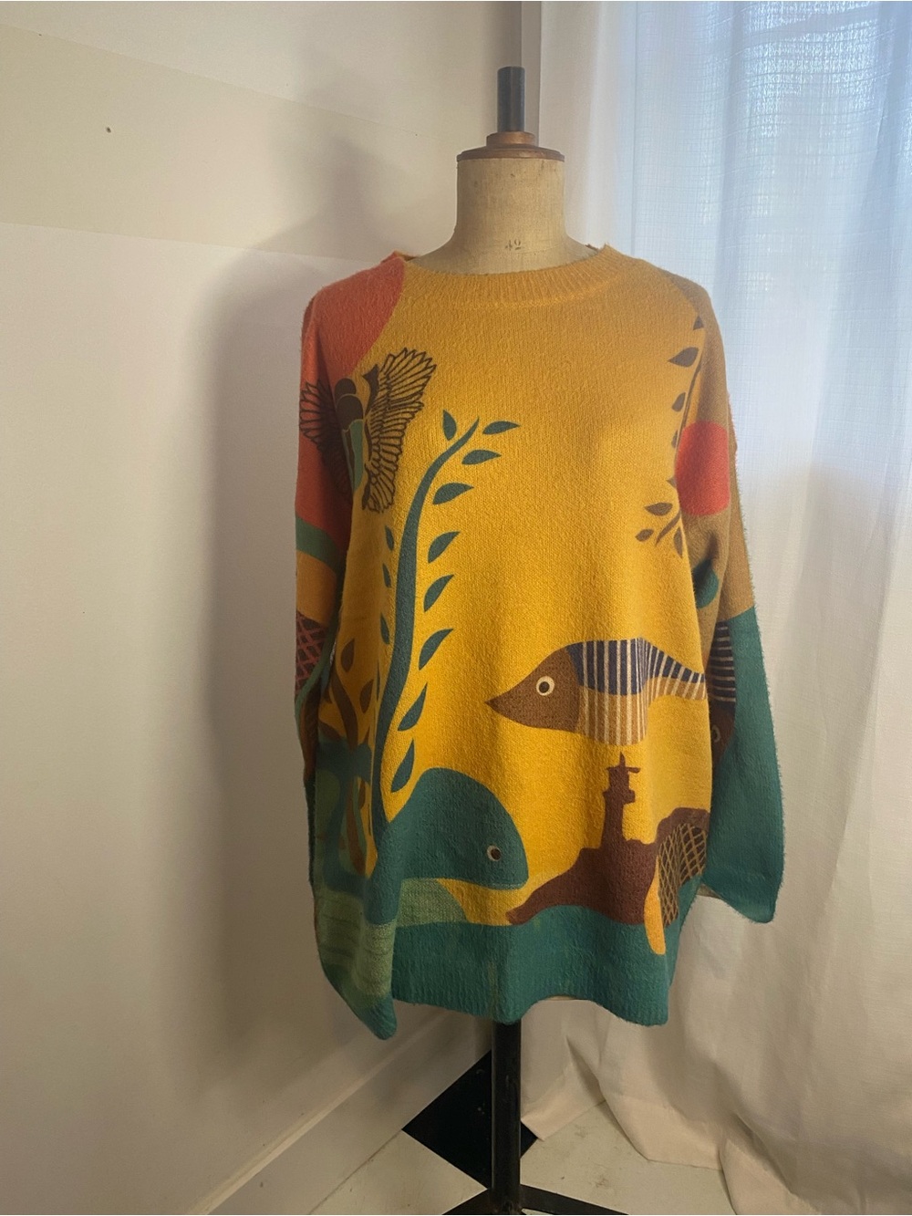 Colourful Folk Art Wool Blend Sweater XL 1X Oversized Fish Boho